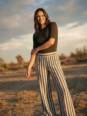 Wide-Leg Striped Pull Up Linen Blend Pants, S,  in  Black, Tan, and Cream
